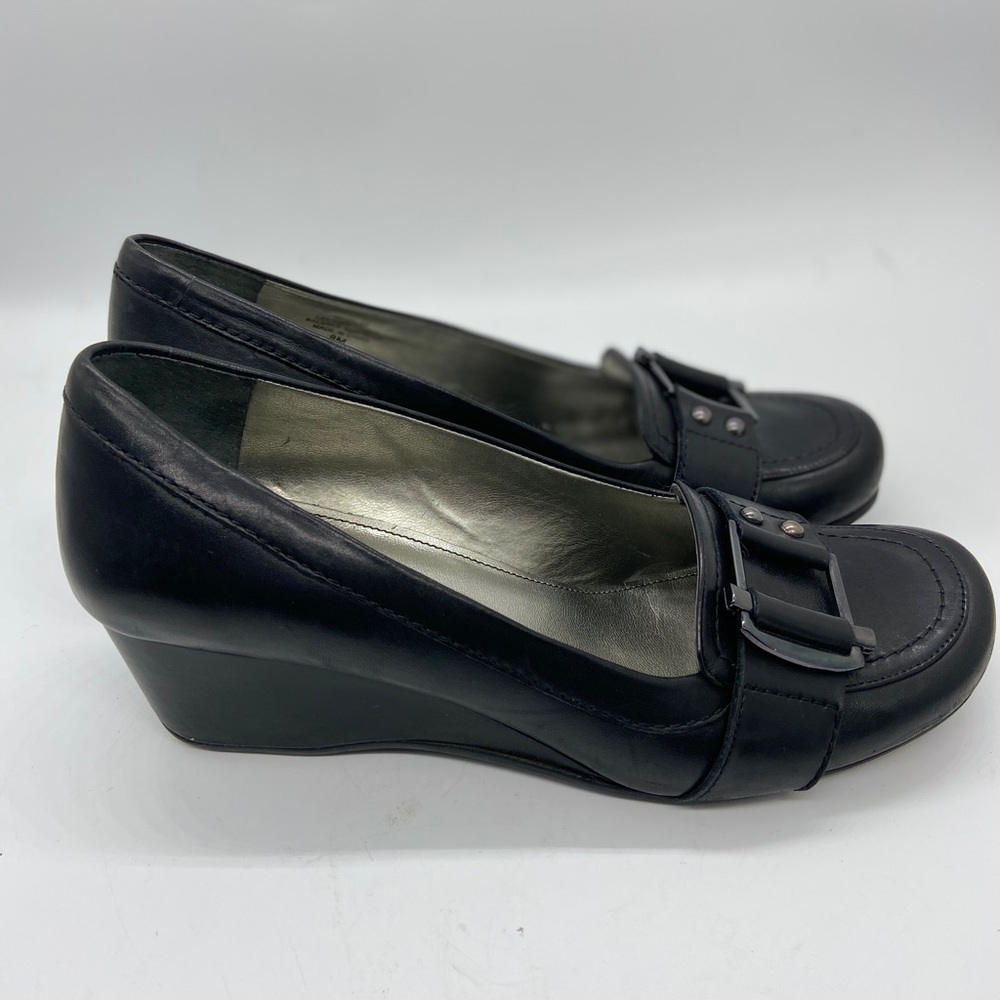 Marc Fisher Black Buckle Closed Toe Wedge Pump 8